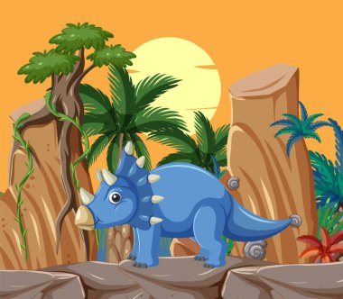 Çizgi film triceratops canlı tarih öncesi bir ortamda