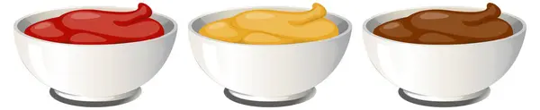 Three Bowls Ketchup Mustard Chocolate Sauce — Stock Vector