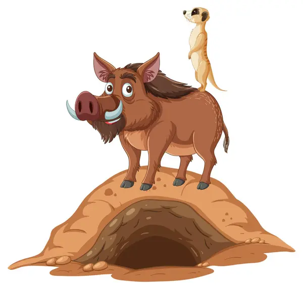 Cartoon Meerkat Warthog Standing Dirt Mound — Stock Vector