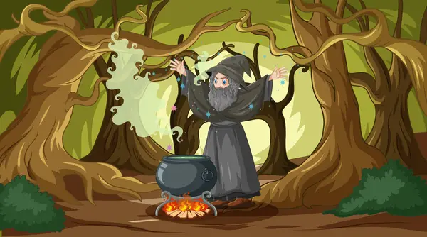 Wizard Casting Spells Bubbling Cauldron — Stock Vector