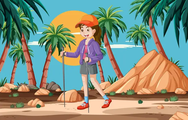 Girl Hiking Scenic Tropical Environment — стоковый вектор