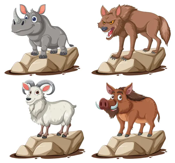 Cuatro Animales Dibujos Animados Ilustrados Rocas Individuales — Archivo Imágenes Vectoriales