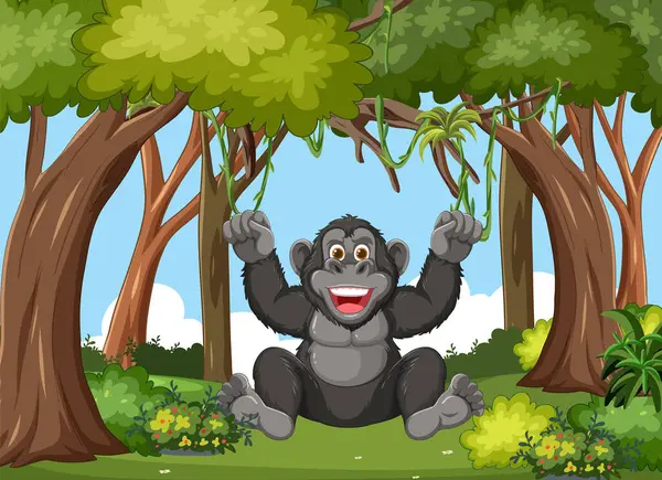 Vrolijke Gorilla Zittend Onder Bomen Een Bos — Stockvector