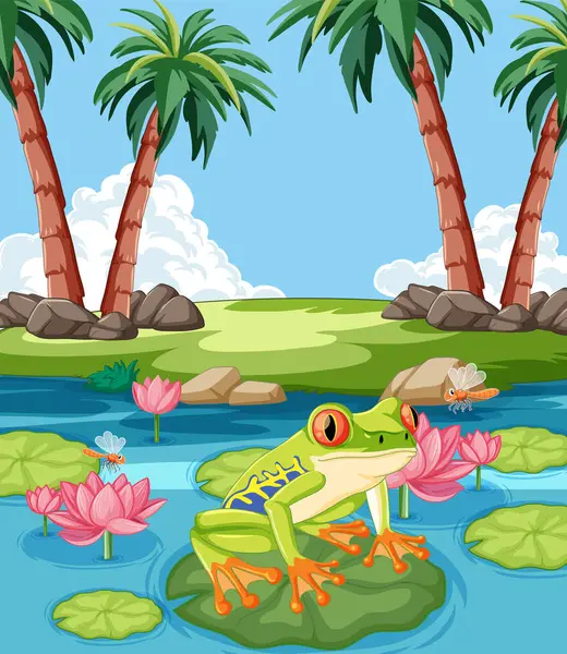 五彩斑斓的青蛙坐在开着花的百合花垫上 — 图库矢量图片