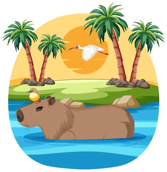 Capybara Bird Serene Tropical Setting — стоковый вектор