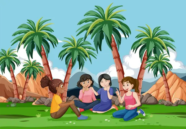 Grupo Amigos Disfrutando Día Soleado Aire Libre Ilustración De Stock