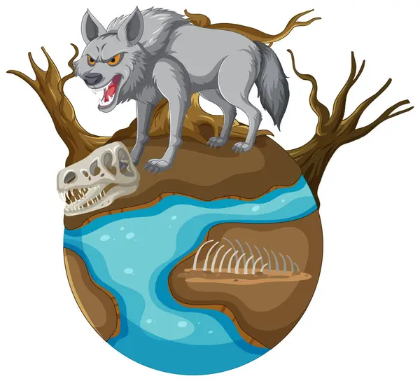 Wolf Stands Atop Globe Water Fossils Stock Illustration