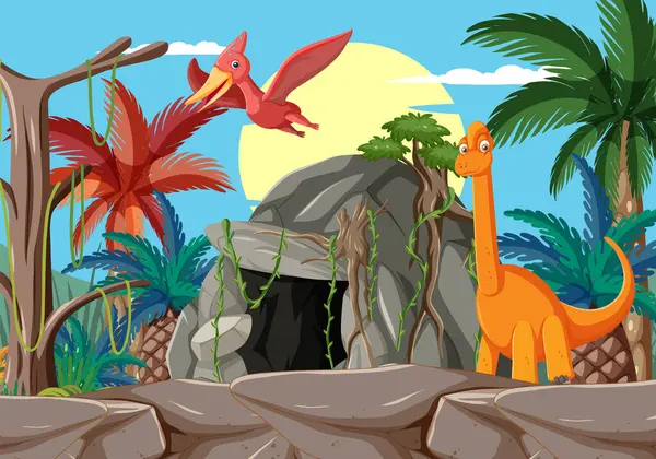 Ilustrație Vectorială Dinozaurilor Într Peisaj Vibrant Ilustrație de stoc