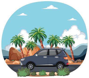 Çölde seyahat eden arabanın vektör çizimi