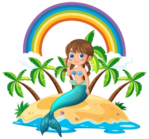 Cartoon Mermaid Sitting Sand Rainbow Vector Graphics