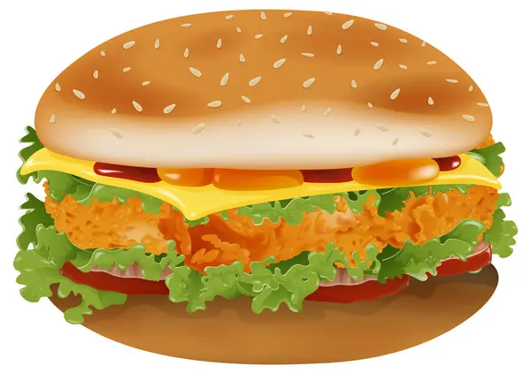 Vektor Illusztráció Egy Ízletes Csirke Burger Stock Illusztrációk