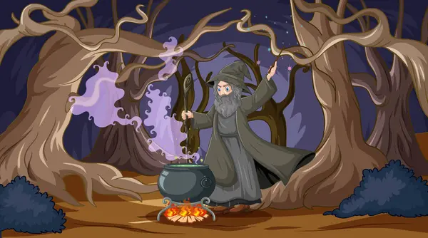 Boszorkány Üst Egy Kísérteties Elvarázsolt Erdőben Jogdíjmentes Stock Illusztrációk