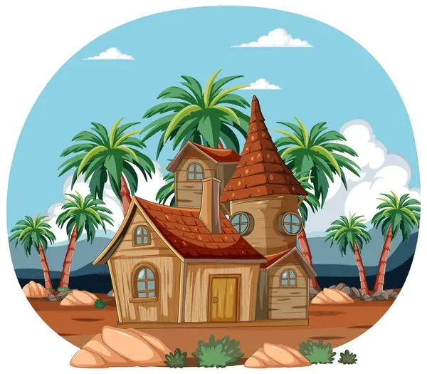 手のひらが付いている砂浜の漫画様式の家 ロイヤリティフリーのストックイラスト