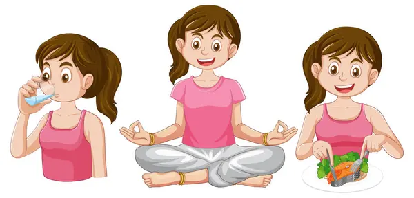 Girl Drinking Water Meditating Eating Healthy Royalty Free Stock Illustrations