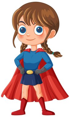 Süper kahraman gibi giyinmiş bir kız çizgi filmi.