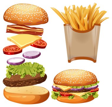 Hamburger, patates kızartması ve malzemelerin vektör grafikleri
