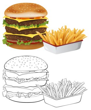 Hamburger ve patates kızartmasının renkli çizimi