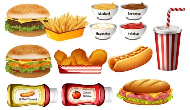 Fast food ürünleri ve baharat koleksiyonu