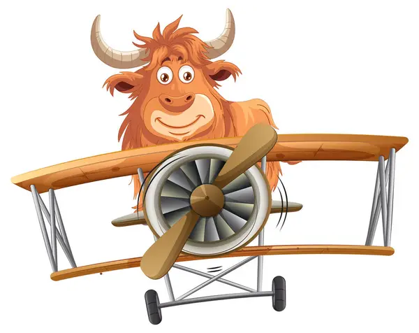 Cartoon Yak Piloting Old Fashioned Aircraft — Stock Vector