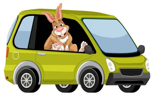 stock vector Cartoon rabbit driving a small green vehicle