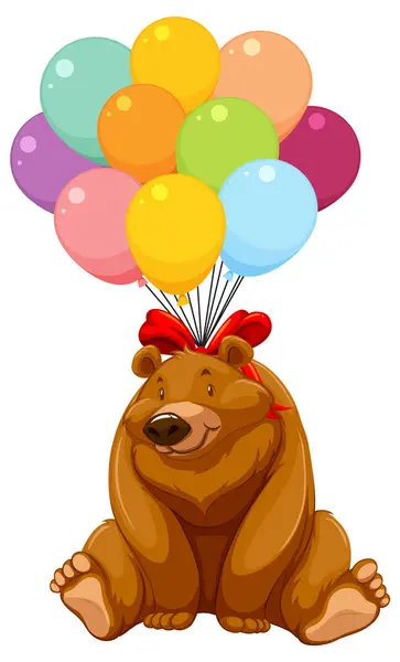 Счастливый Медведь Привязанный Ярким Разноцветным Воздушным Шарам Стоковая Иллюстрация