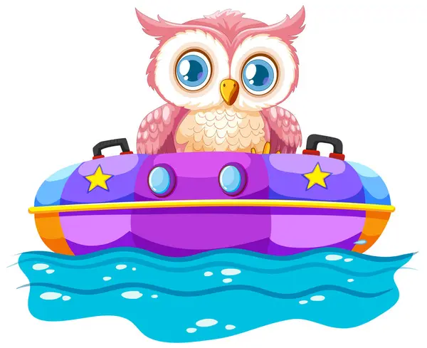 Cute Owl Riding Vibrant Bumper Boat Water Stok Illüstrasyon