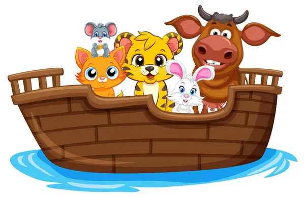 Cartoon Animals Happily Sailing Boat Together Stock Vector