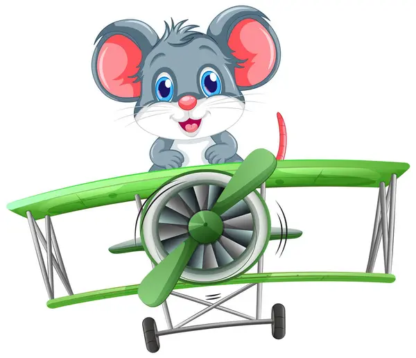 Cartoon Mouse Flying Green Biplane Illustration Telifsiz Stok Illüstrasyonlar