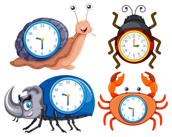 Animais Coloridos Combinados Com Vários Relógios Ilustrações De Stock Royalty-Free