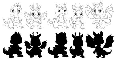 Altı eğlenceli ejderha çizimi, siyah ve beyaz.