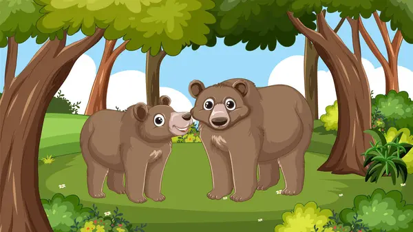 Two Cartoon Bears Interacting Lush Forest Vector Graphics