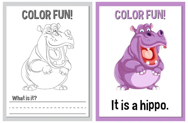 Educational Coloring Pages Featuring Cartoon Hippo Stock Illustration