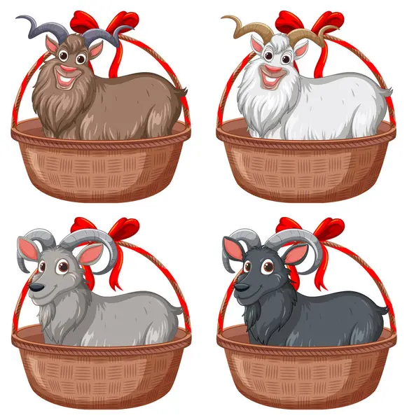 Four Cartoon Goats Baskets Cheerful Diverse Vector Graphics