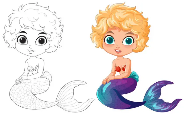 Vector Illustration Two Mermaid Children Colorful Sketch Vector Graphics