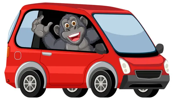 Cheerful Gorilla Waving Compact Car ストックイラスト