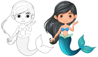 Vector illustration of mermaids in color and sketch clipart