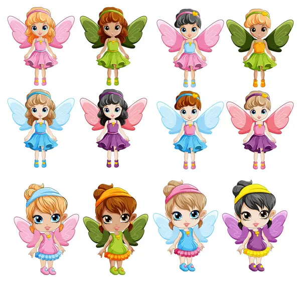 Twelve Diverse Fairy Characters Vibrant Outfits Royalty Free Stock Illustrations