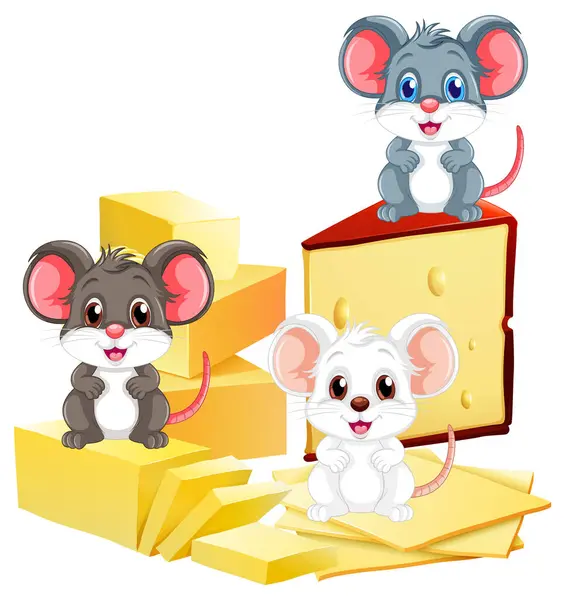 Three Cute Mice Enjoying Large Cheese Blocks Stock Illustration