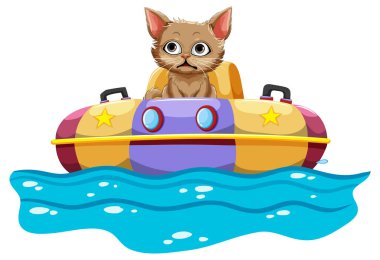 Suyun üstünde can yeleği giyen sevimli bir kedi.