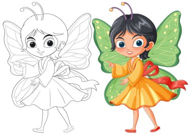 Yeşil kanatlı ve turuncu elbiseli bir peri.