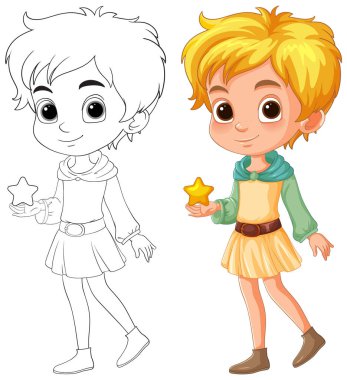 Altın yıldızlı iki neşeli çizgi film çocuğu