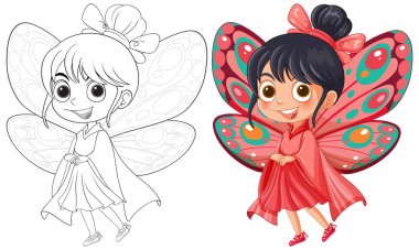 Kelebek kızın renkli ve eskiz versiyonları.