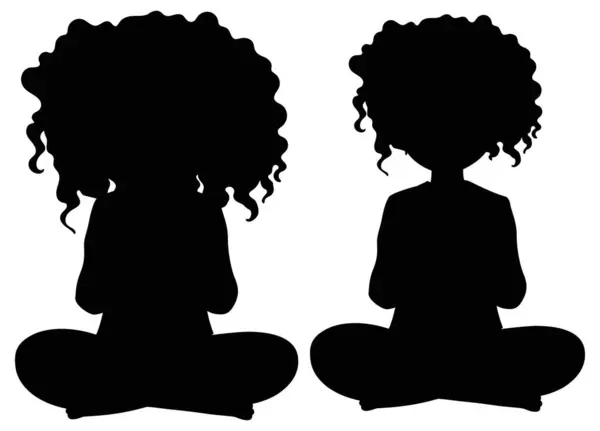Black Silhouette Two Kids Sitting Cross Legged Vector Graphics