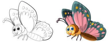 İki çizgi film kelebeği, biri renkli, biri çizili.