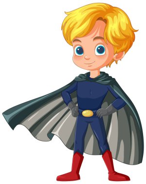 Süper kahraman gibi giyinmiş bir çocuğun çizgi filmi.