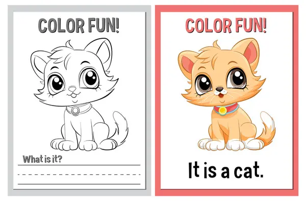 Two Panels Showing Cat One Colored One Line Art Ліцензійні Стокові Ілюстрації