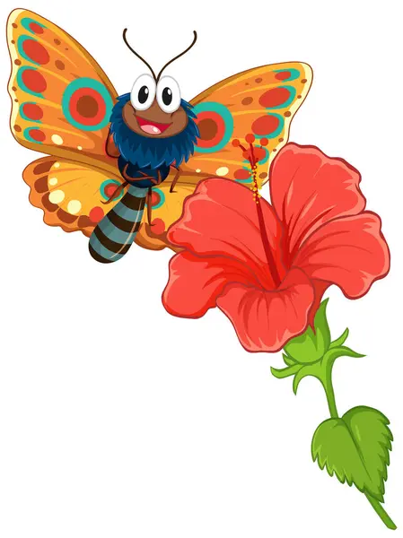 Cheerful Butterfly Perched Bright Red Flower Vector Graphics
