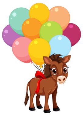 Canlı renkli balonlara bağlanmış şirin bir eşek.