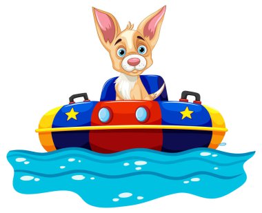 Çizgi filmlerde renkli bir tekneye binen yavru köpek.