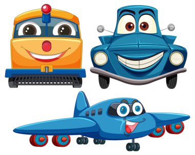Gülümseyen yüzlü renkli, dost canlısı araçlar.